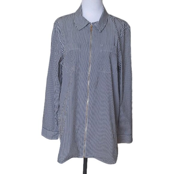 Calvin Klein Womens Long Sleeve Zip Up Collared Striped Shirt White/Black Large - Picture 1 of 5